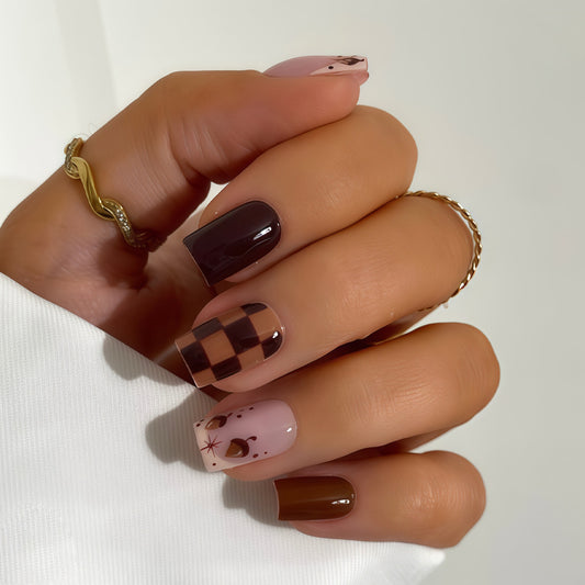 Cozy Chocolate Vibes Medium Square Brown and Pink Press On Nail Set with Unique Checkerboard and Design Accents