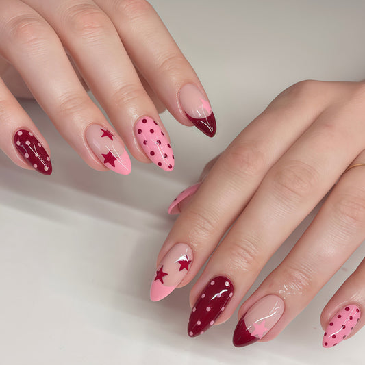 Cosmic Dreamy Medium Almond Shape Long Pink and Burgundy Press On Nail Set with Unique Star and Dot Patterns