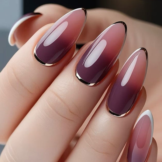 Enchanting Glamour Long Almond Ombre Purple with Elegant Metallic Accents Press On Nail Set