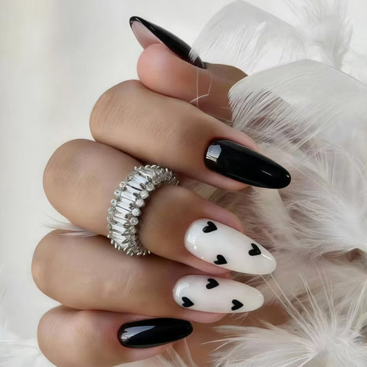 Romantic Night Long Almond Black and White Heart Adorned Press On Nail Set