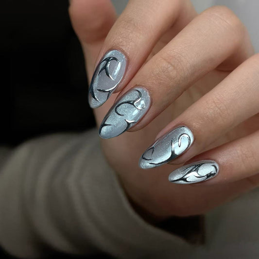 Celestial Elegance Long Almond Shaped Shimmering Silver Press On Nail Set with Artistic Black Swirls