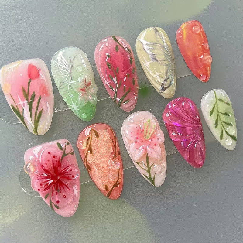 Floral Fantasy Medium Almond Shaped Multicolored Artistic Press On Nail Set