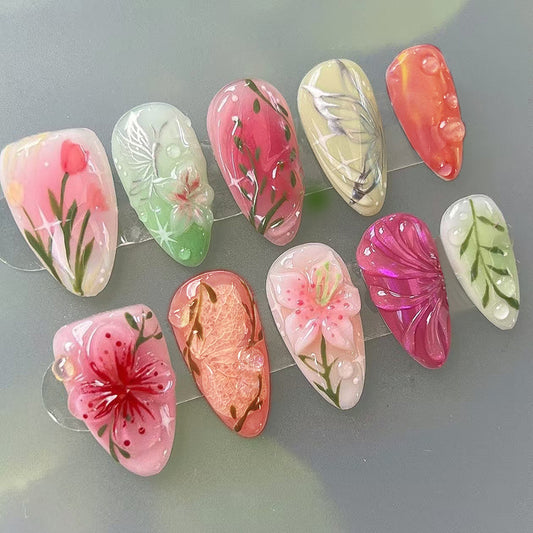 Floral Fantasy Medium Almond Shaped Multicolored Artistic Press On Nail Set
