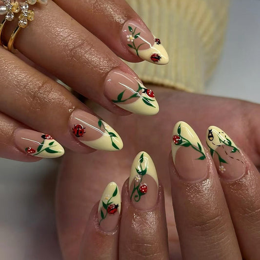 Garden Party Inspired Medium Almond Shaped Yellow Floral Press On Nail Set
