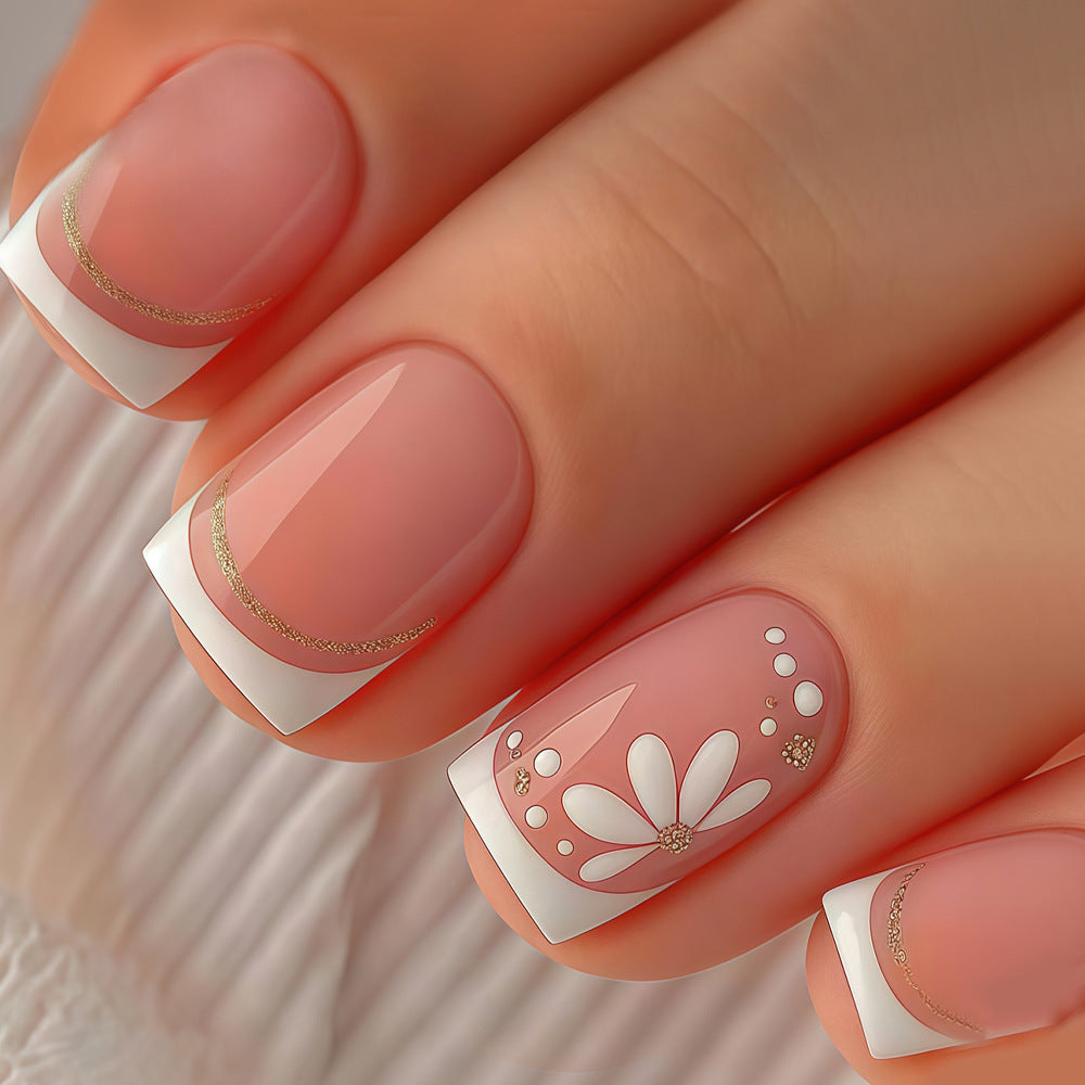 Chic Floral Dream Short Square Press On Nail Set in Soft Pink with Elegant Gold Accents