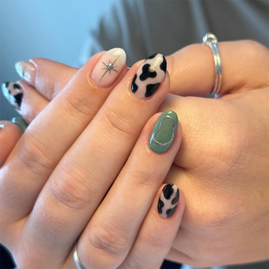 Wild West Inspired Short Almond Shaped Length Multicolor Press On Nail Set with Artistic Abstract Patterns