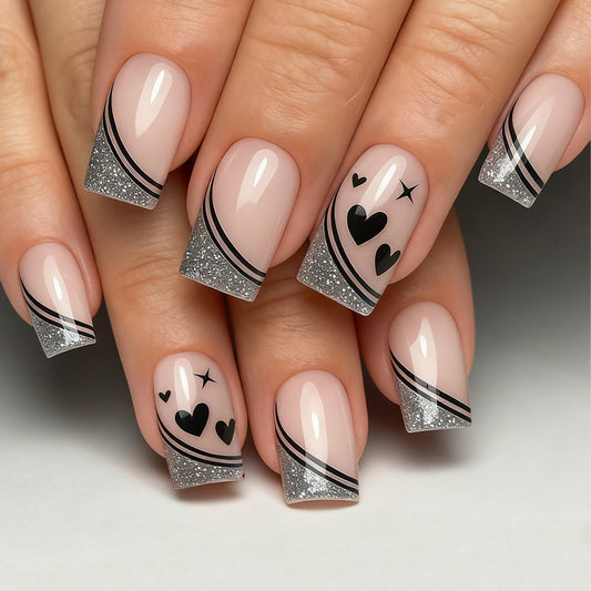 Chic Elegance Short Square Beige Glitter Tips with Heart Patterns and Black Stripe Design Press On Nail Set