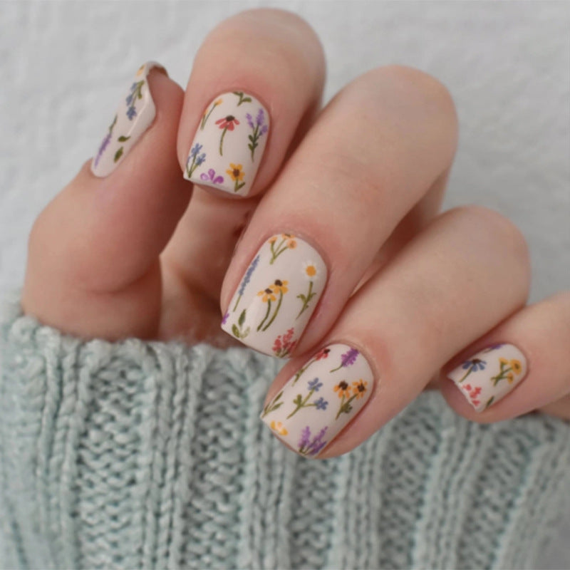 Botanical Bliss Short Square Press-On Nail Set Medium Length Pale Pink Floral Design Eco-Friendly Finish