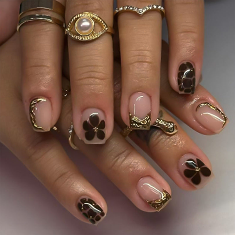 Elegant Floral Bliss Short Square Brown Glossy Press-On Nail Set with Golden Accents