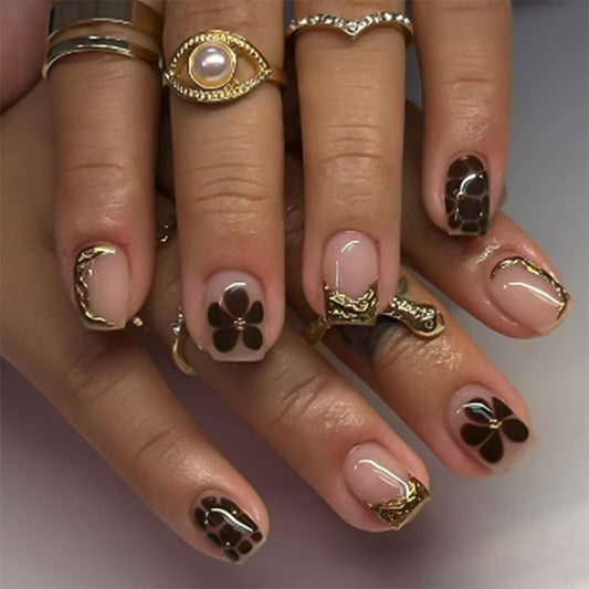 Elegant Floral Bliss Short Square Brown Glossy Press-On Nail Set with Golden Accents
