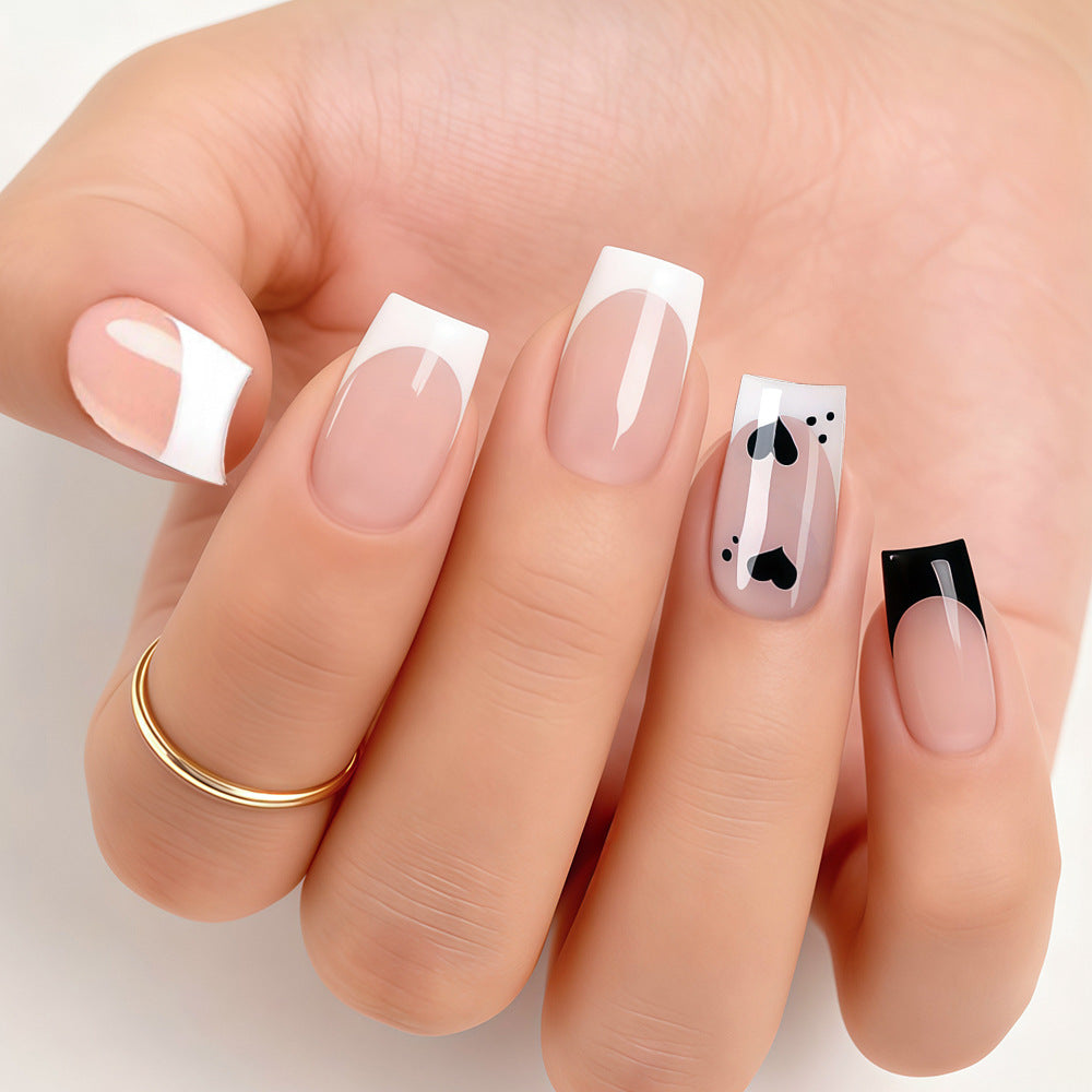 Paw Print Paradise Short Square White and Black Press-On Nail Set with Unique Heart Design