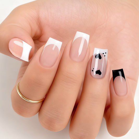 Paw Print Paradise Short Square White and Black Press-On Nail Set with Unique Heart Design