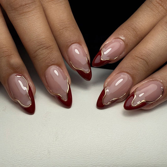 Gothic Elegance Medium Almond Shaped Blush Pink with Bold Red Edge and Gold Detailing Press On Nail Set