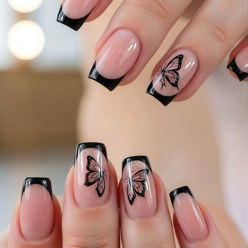 Whimsical Butterfly Dream Short Square Pink and Black Nail Set with Intricate Butterfly Designs