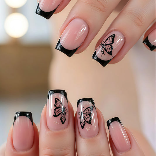 Whimsical Butterfly Dream Short Square Pink and Black Nail Set with Intricate Butterfly Designs