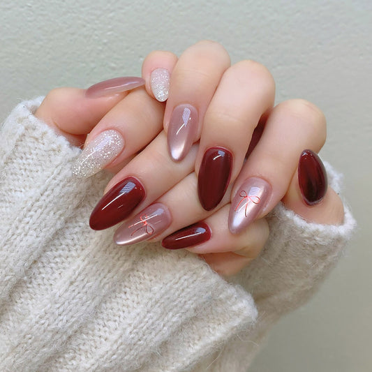 Autumn Elegance Medium Almond Burgundy and Sparkling Ombre with Delicate Bow Design Press-On Nail Set
