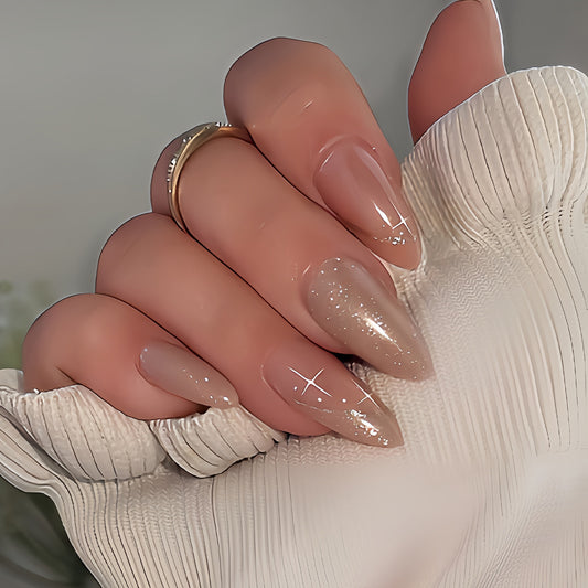 Elegant Stardust Long Almond Shaped Beige Press-On Nail Set with Glitter Accents