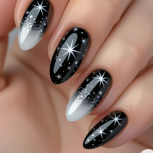 Celestial Elegance Long Almond Black and White Ombre with Shimmering Star Detailing Press-on Nail Set