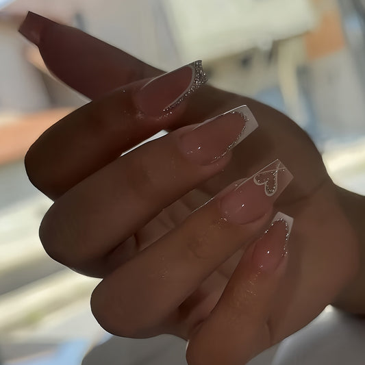 Romantic Elegance Long Square Blush Pink with Heart Accent Press On Nail Set