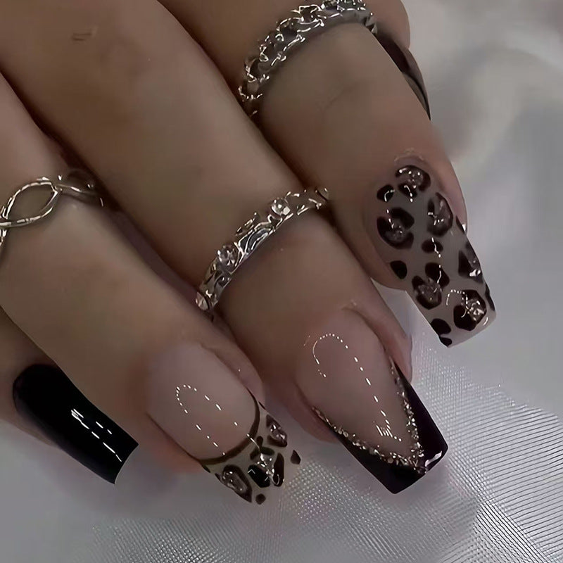 Wild Safari Medium Square Black and Beige Leopard Print with Shimmering Accents Press On Nail Set