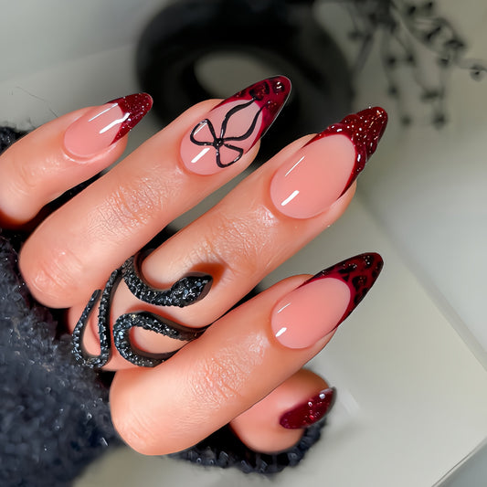Mystical Elegance Long Almond Ombre Red and Beige Press On Nail Set with Unique Black Accent Design