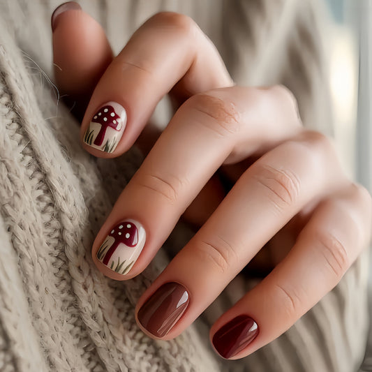 Whimsical Forest Inspired Short Square Burgundy and Beige Press on Nail Set with Adorable Mushroom Design