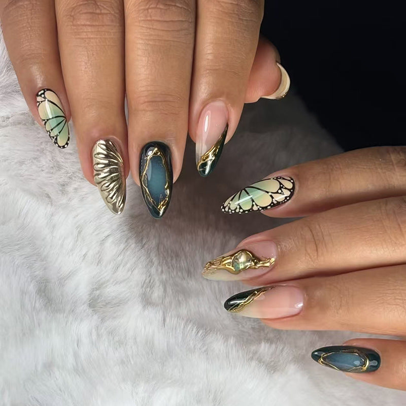 Whimsical Butterfly Elegance Medium Almond Green and Gold Accented Press On Nail Set
