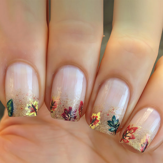 Autumn Charm Short Square Gradient Glitter Floral Press-On Nail Set in Natural Pink with Vibrant Leaf Designs