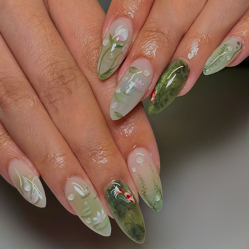 Serene Garden Long Almond Shaped Green with Floral and Water Droplet Design Press On Nail Set