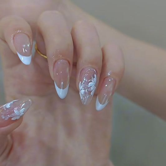 Whimsical Blossom Long Almond Transparent with Floral Design Press on Nail Set