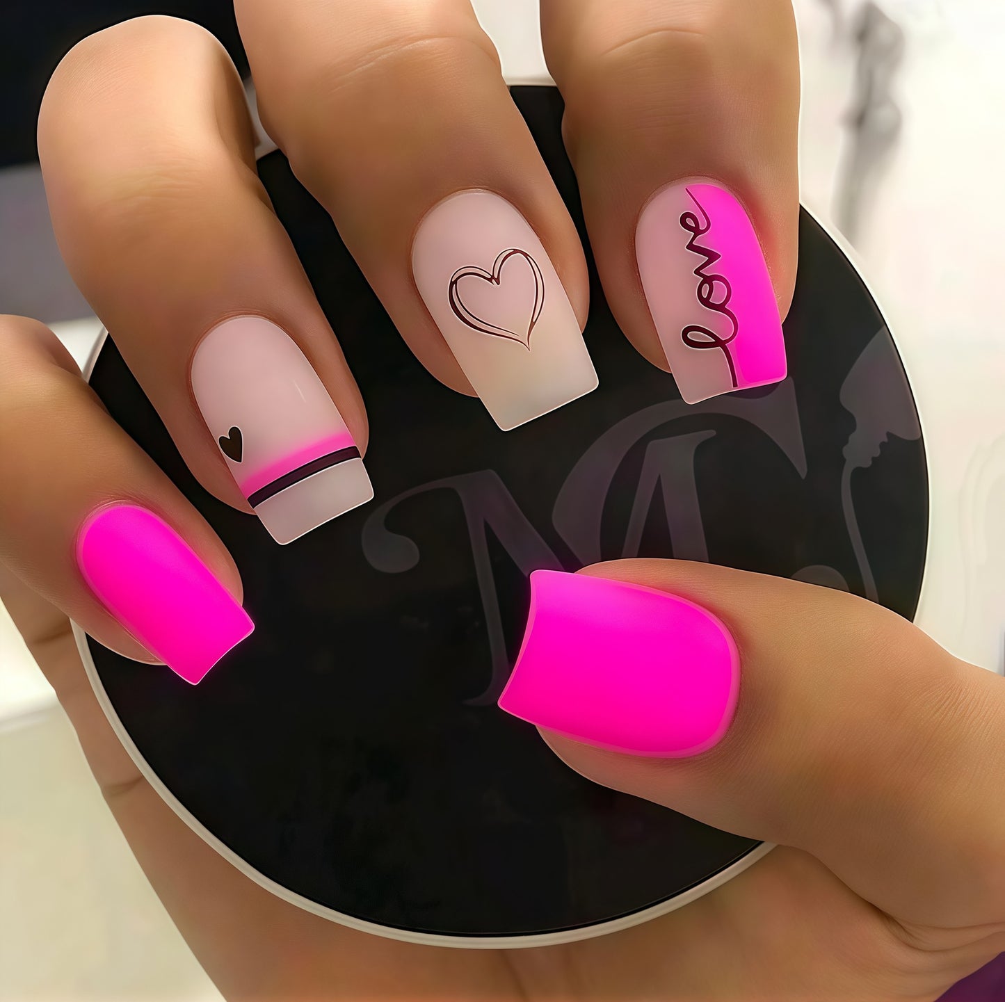 Love Inspired Medium Square Glossy Pink Press On Nail Set with Unique Heart and Letter Designs