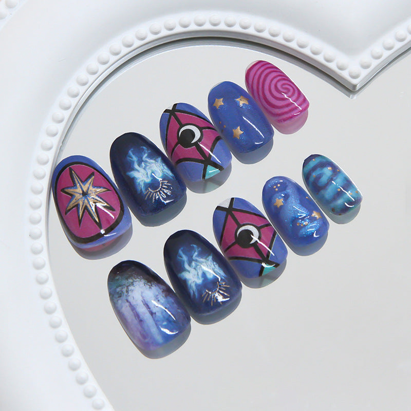 Celestial Dreamscape Short Round Blue Cosmic Art Press On Nail Set