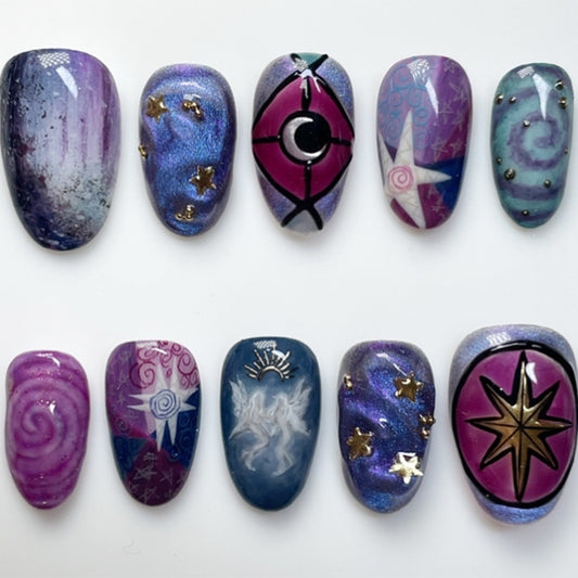Cosmic Dreamscape Press On Nail Set Short Round Purple and Blue with Stellar Highlights
