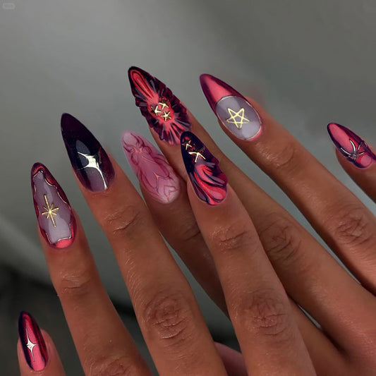 Mystical Glamour Long Almond Ombre Pink and Purple with Unique Floral and Star Accents Nail Set