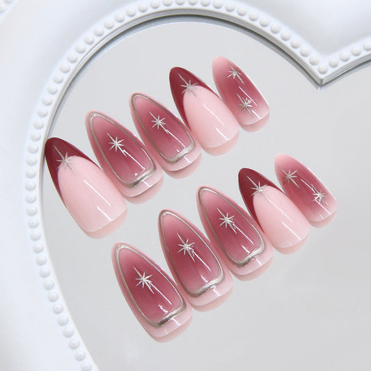 Celestial Glamour Medium Almond Pink Ombre Design with Sparkling Silver Accents Press On Nail Set