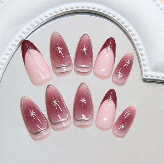 Celestial Dream Ombre Medium Almond Press On Nail Set in Pink and Burgundy with Sparkling Star Accents