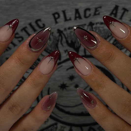 Mystical Elegance Medium Almond Burgundy Gradient Press On Nail Set with Starry Accents