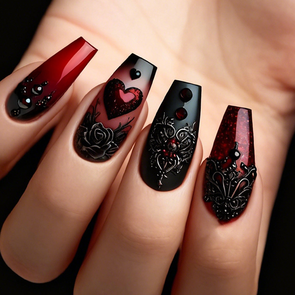 Gothic Elegance Long Coffin Shaped Deep Red and Black Press On Nail Set Featuring Intricate Designs