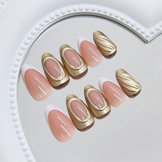 Glamorous Elegance Medium Almond Pink and Gold Textured Press-On Nail Set