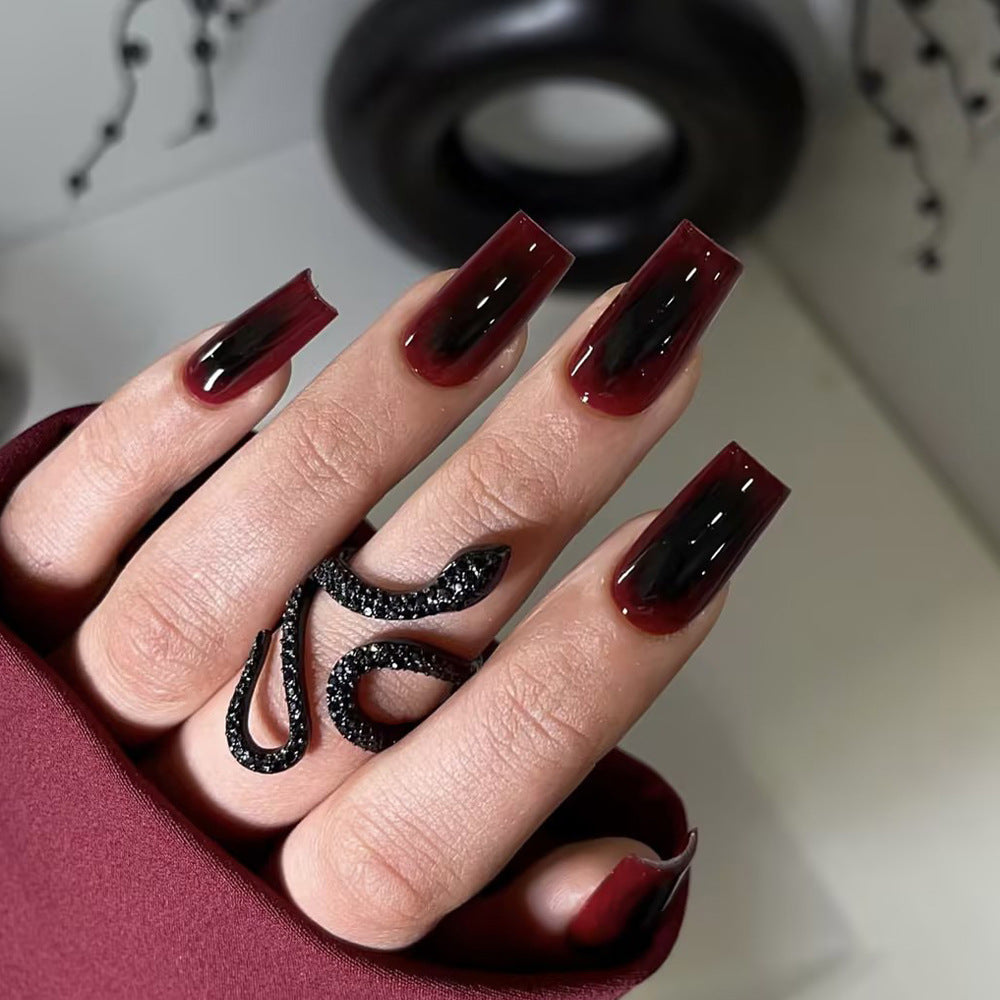 Mystical Elegance Long Square Shaped Burgundy and Black Press On Nail Set with Smooth Glossy Finish