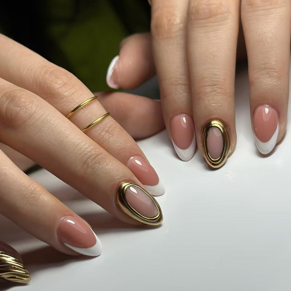 Elegant Mermaid Inspired Medium Almond Pink and White Press On Nails with Gold Accent Detail