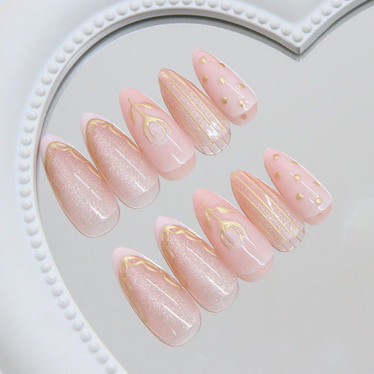 Blossom Elegance Long Almond Pink Press-On Nail Set with Gold Accents and Unique Textured Designs