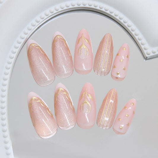 Whimsical Garden Long Almond Pink with Gold Accents and Shimmering Detail Press On Nail Set