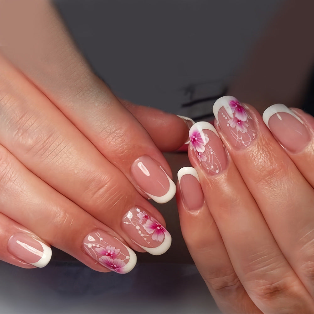 Blossom Bliss Short Squoval Pink Floral French Press On Nail Set