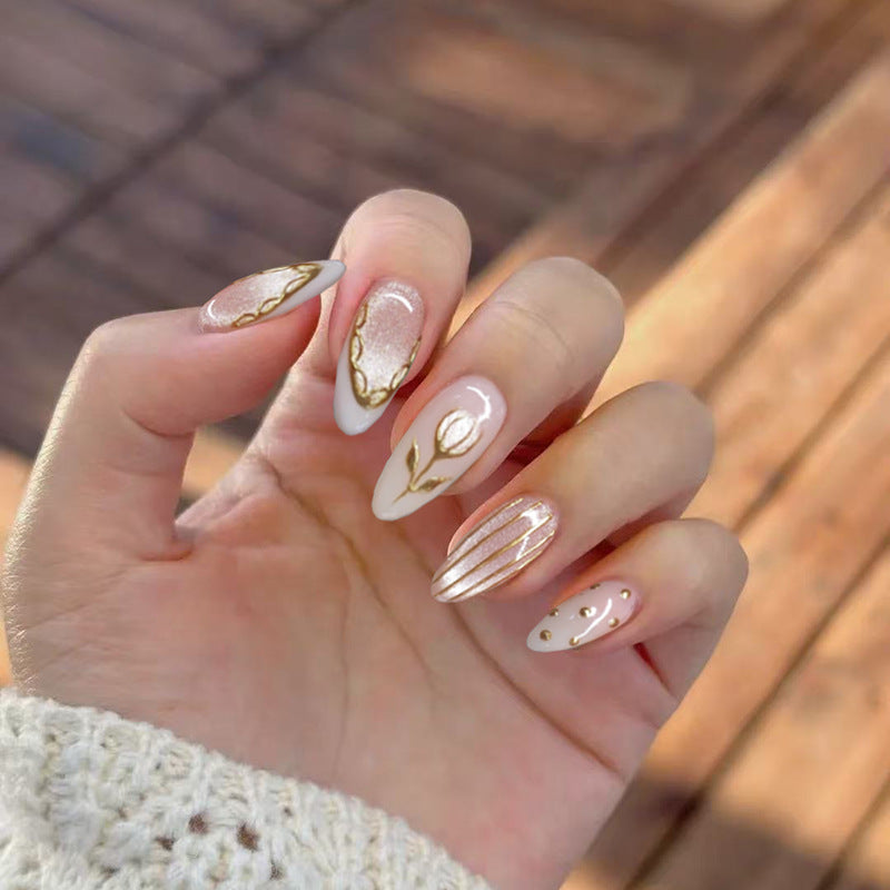 Elegant Garden Glamour Long Almond White with Gold Floral Accents Press on Nail Set
