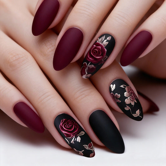 Elegant Roses Press On Nail Set Long Oval Burgundy with Matte Finish and Floral Art