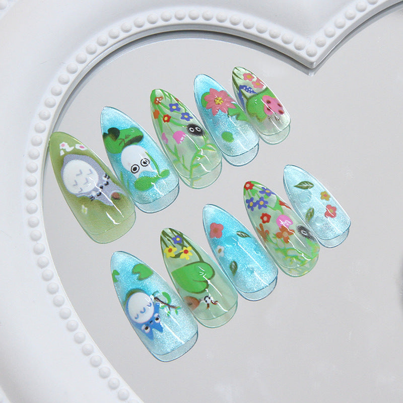Whimsical Garden Dreamy Long Almond Aqua Floral Art Press On Nail Set
