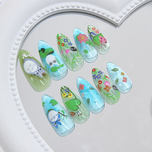 Whimsical Garden Dreamy Long Almond Aqua Floral Art Press On Nail Set