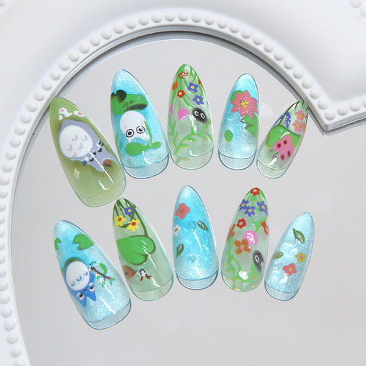 Whimsical Garden Dream Long Almond Green and Blue Floral Press On Nails with Sparkling Glitter Finish