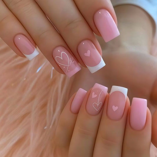 Romantic Delight Medium Square Pink Nails with Charming Heart Accents